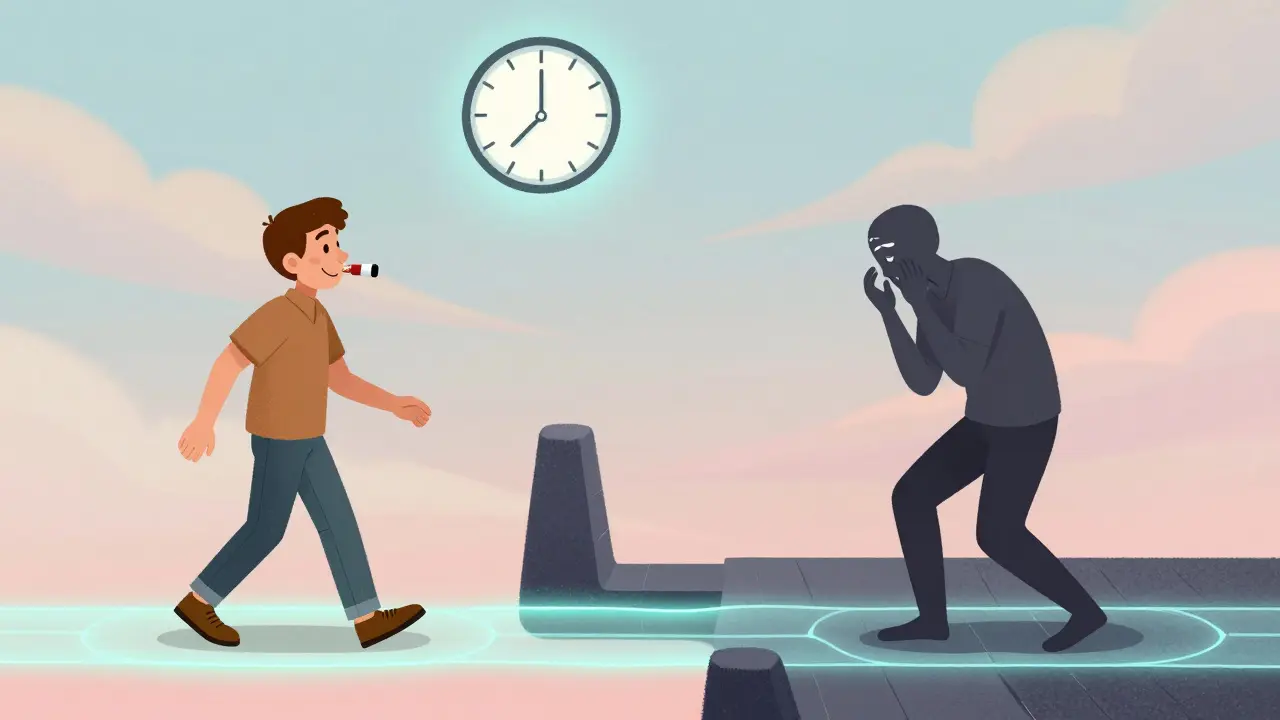 A person is frozen mid-step, with a glowing dopamine pathway beneath them and a clock floating above.