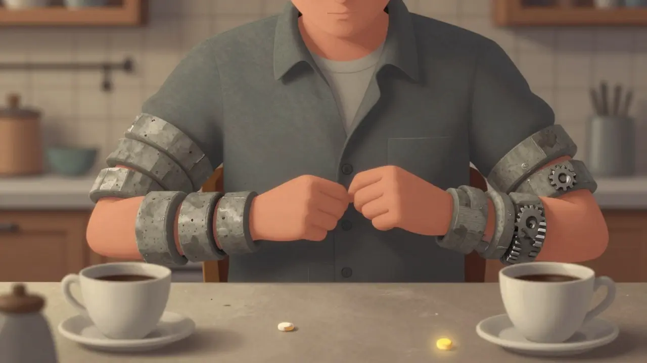 A person struggles to button a shirt as stiff, concrete-like bands restrict their arm movement.