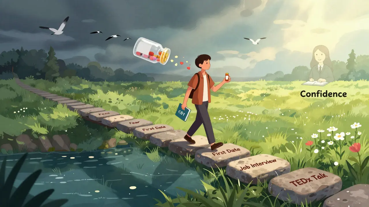 A person walking across a bridge from fear to confidence, holding pill and therapy book.
