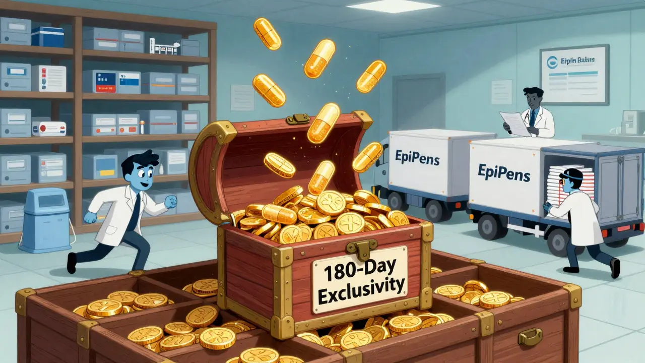 A treasure chest of golden pills bursts open as a generic company rushes to deliver its 180-day exclusive generic drugs to waiting trucks.