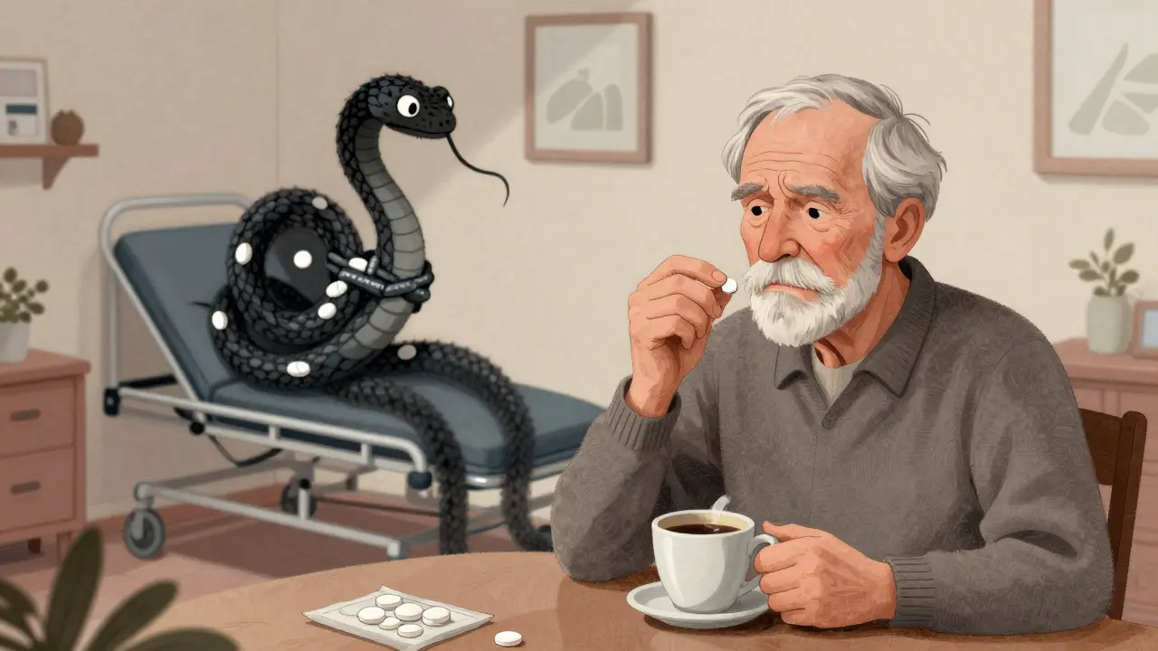 An elderly man taking pills with a shadowy serpent formed from ibuprofen and lithium tightening around his heart, in a cozy but ominous room.