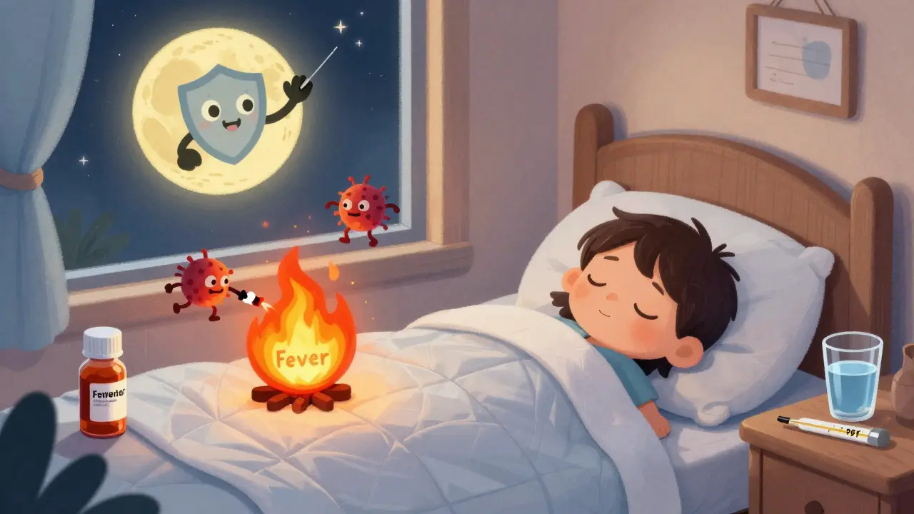 Cartoon immune cells gently calming a fever while a child sleeps, with unopened medicine on the nightstand.