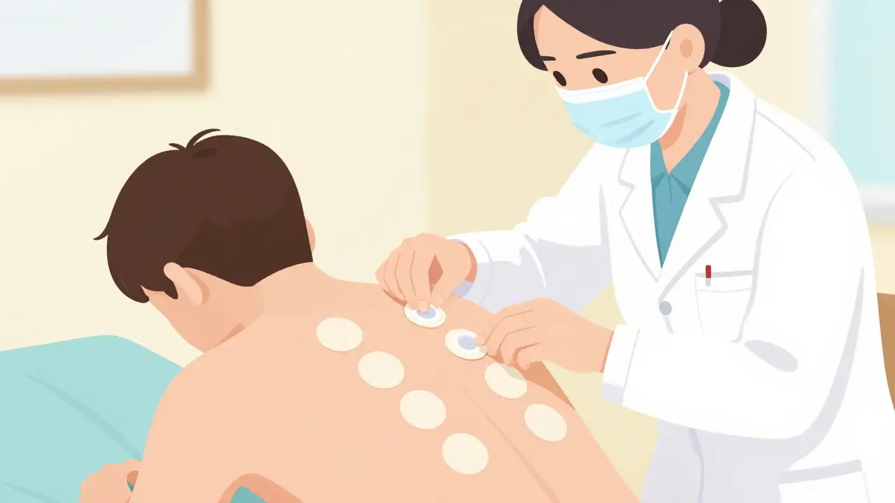 Doctor applying round patch test chambers to patient's upper back