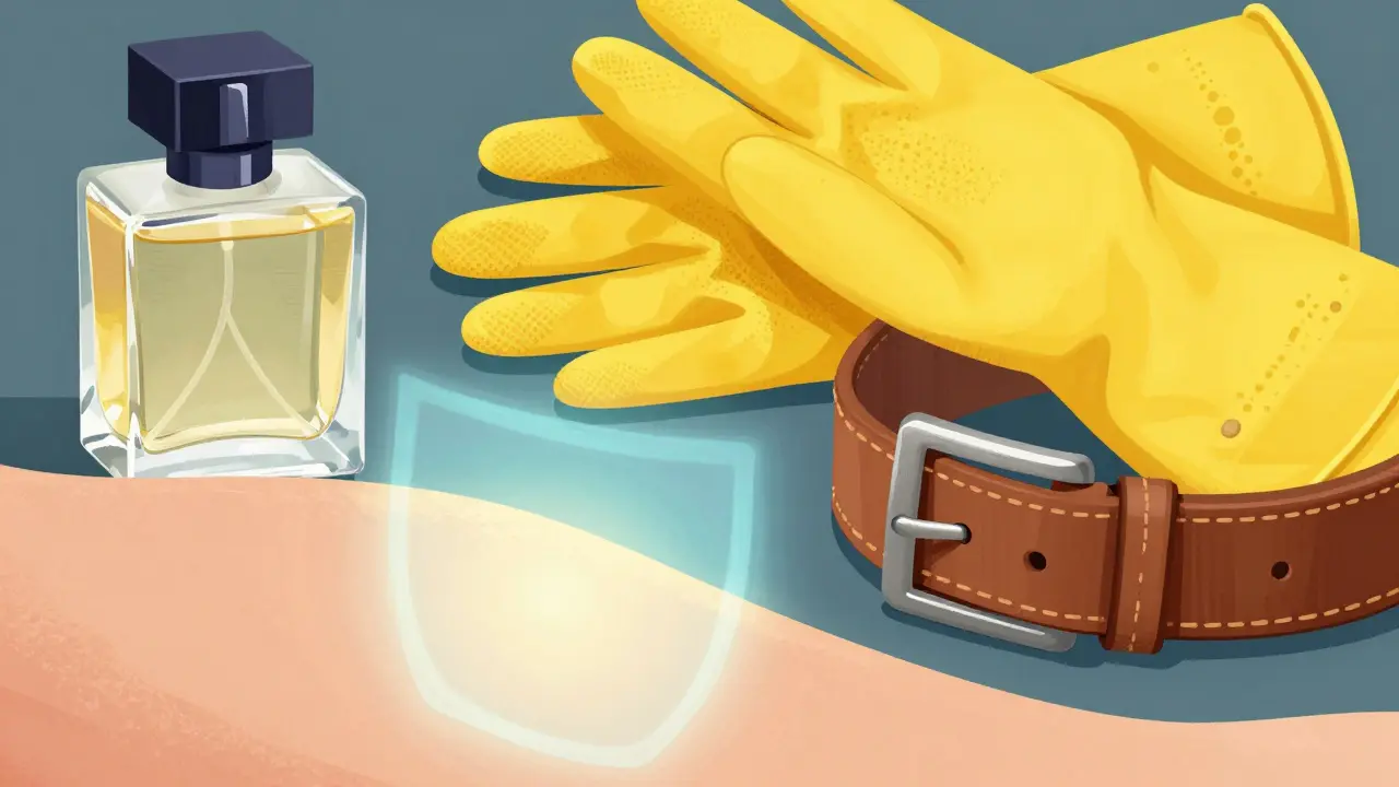 Illustrated collection of allergens including perfume and rubber gloves
