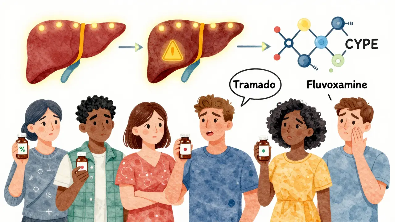 Patients holding medication bottles while a glowing liver with warning lights and enzyme pathways spark above them, symbolizing dangerous drug interactions.