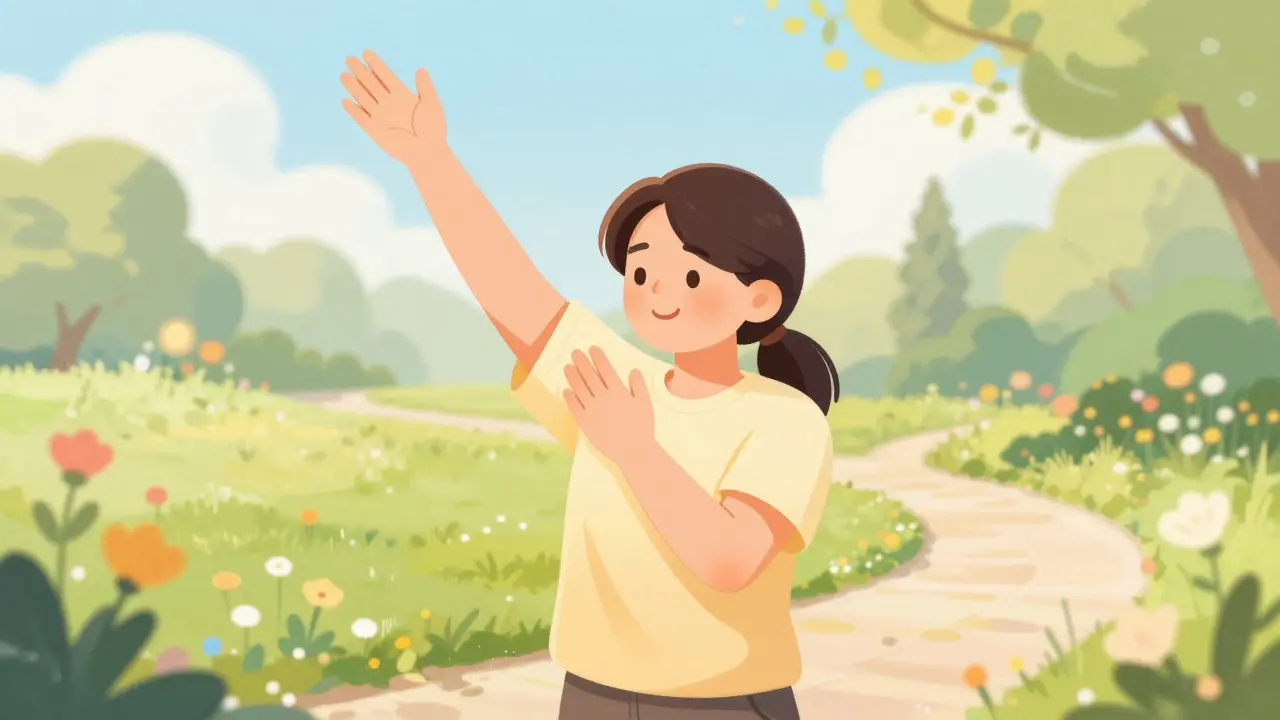 Person stretching arms comfortably in a garden with relaxed open hands and hopeful expression.
