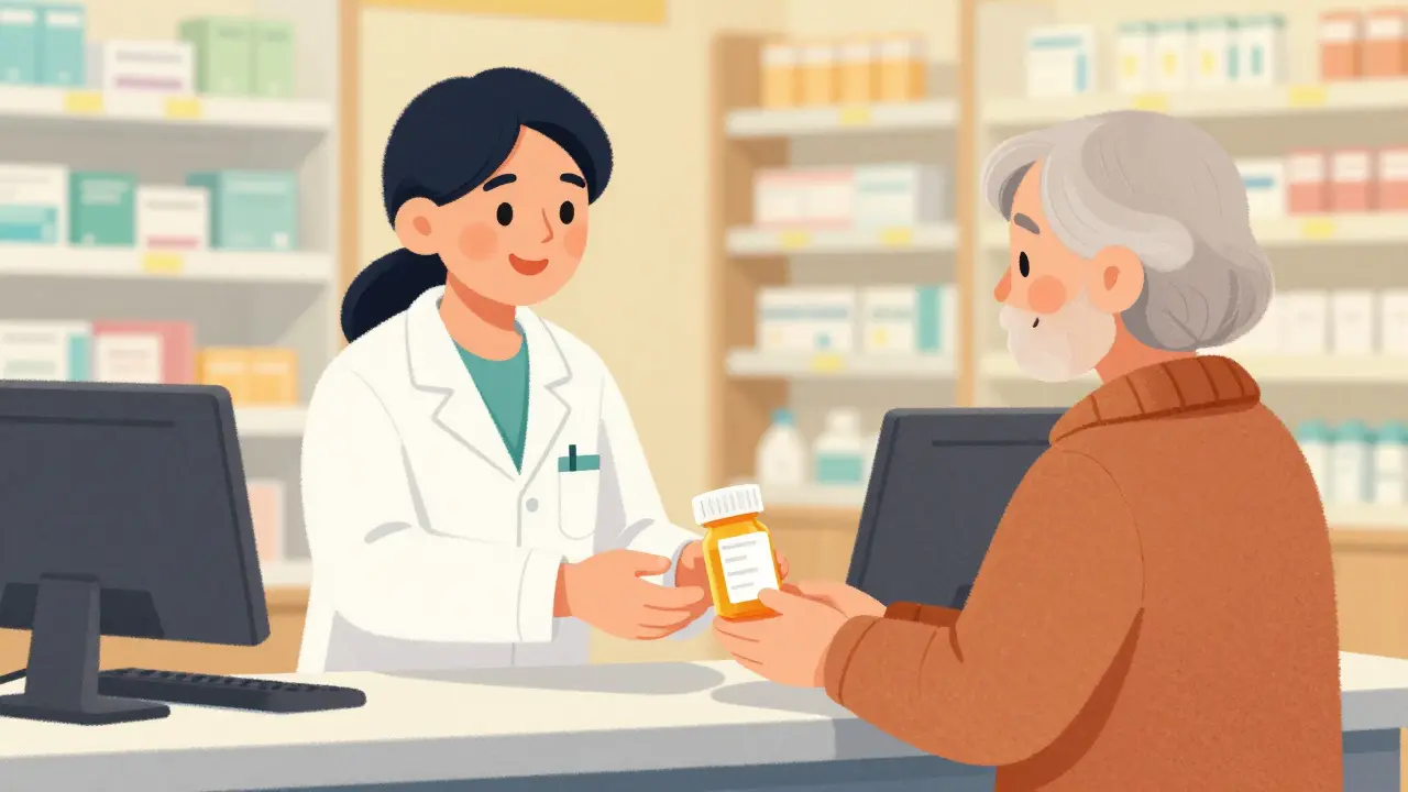 Pharmacist handing accessible prescription bottle to senior patient.