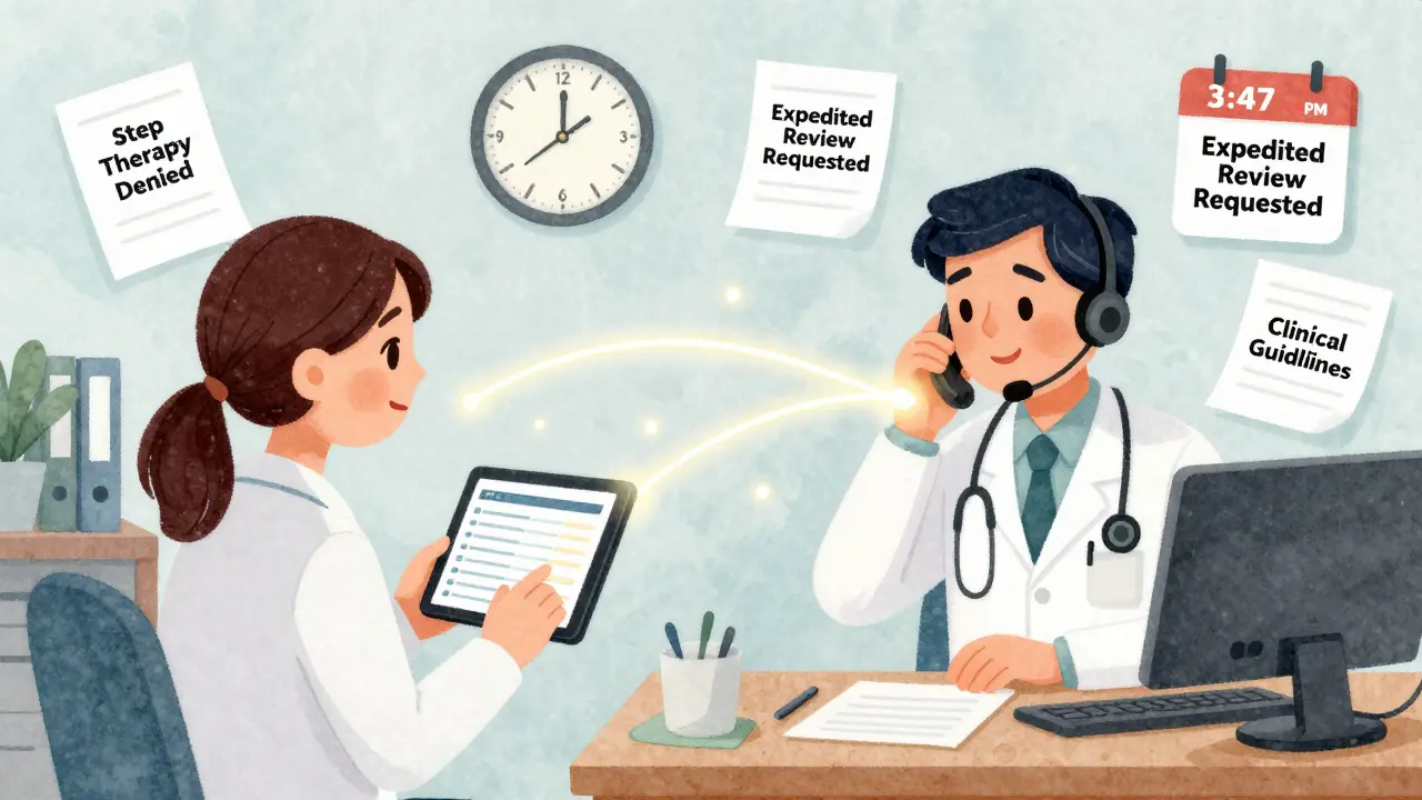 Two doctors connected by a glowing line during a peer-to-peer phone review, with documents floating around them.