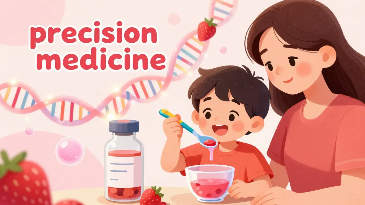 A child happily taking flavored medicine with a glowing DNA helix in the background