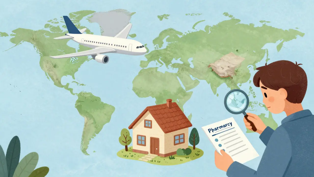 A person carefully verifying an online pharmacy's credentials for international shipping.