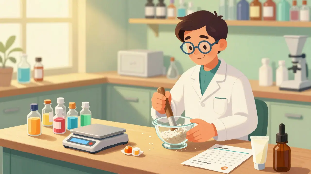 A pharmacist mixing custom medications in a cozy compounding lab