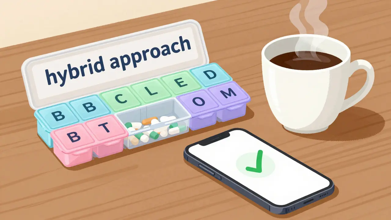 A pill organizer and a smartphone next to a cup of coffee on a wooden table.