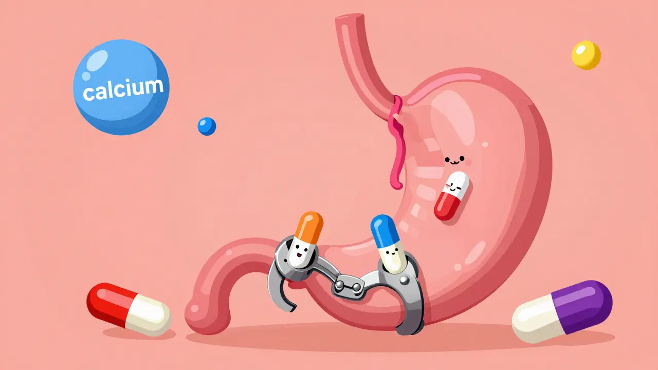 Cartoon antibiotic molecules being handcuffed by mineral ions in a stylized stomach