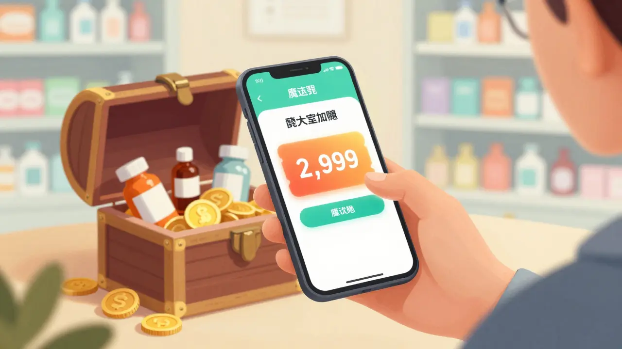 Character using a digital coupon on a phone to unlock medicine savings.