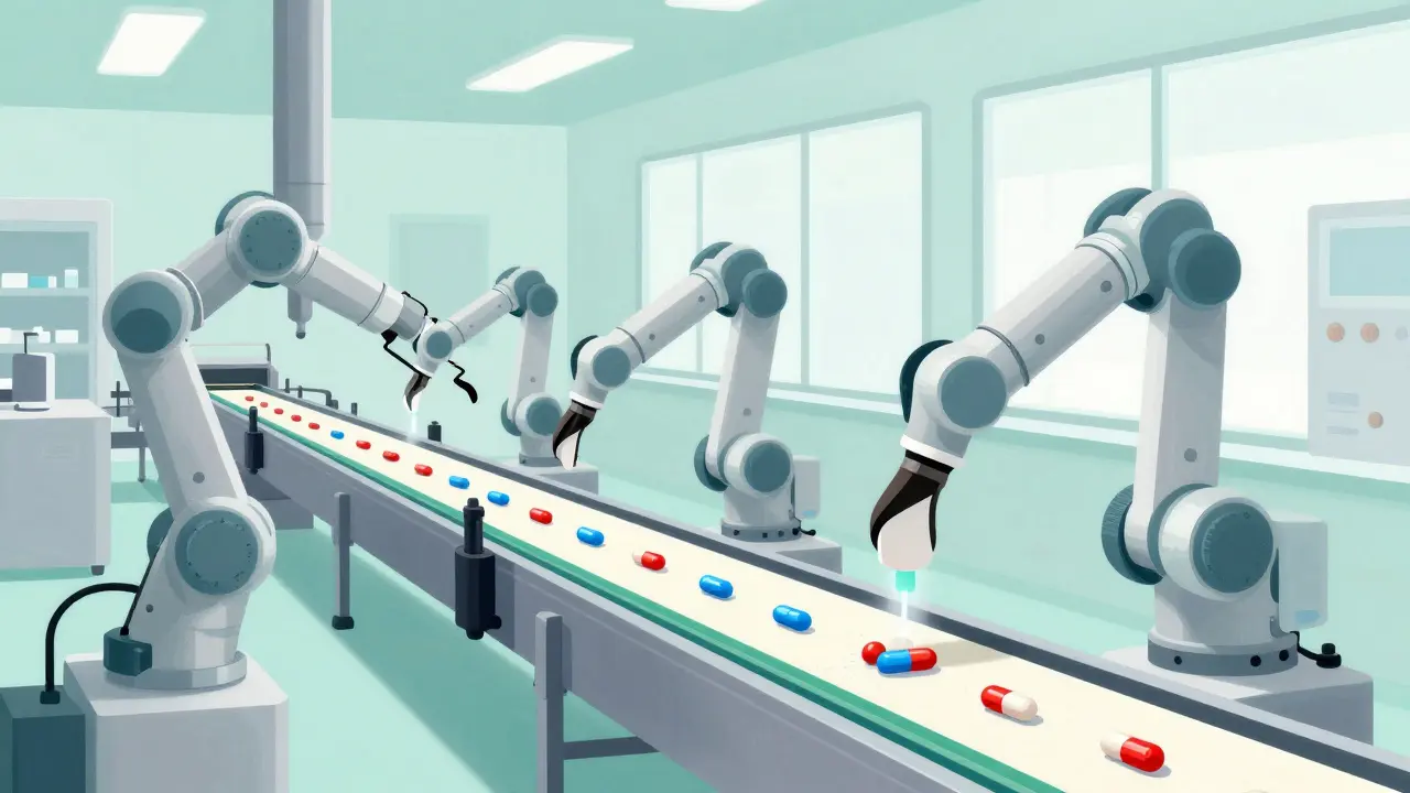 Colorful tablets moving through a clean pharmaceutical production line