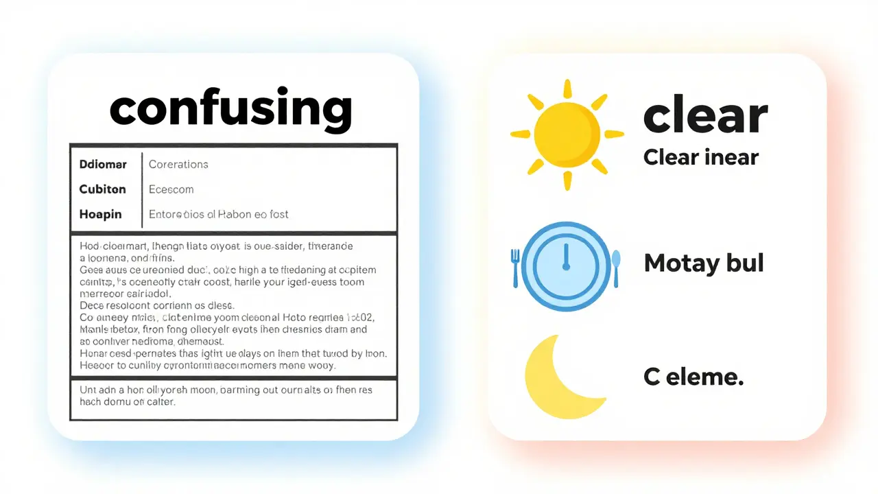 Comparison between a text-heavy medical label and one with clear sun and moon icons
