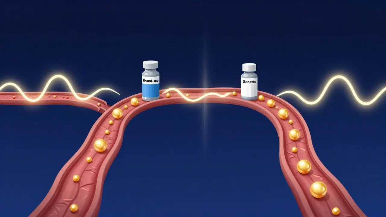 Comparison of brand-name and generic drugs absorbing into a bloodstream