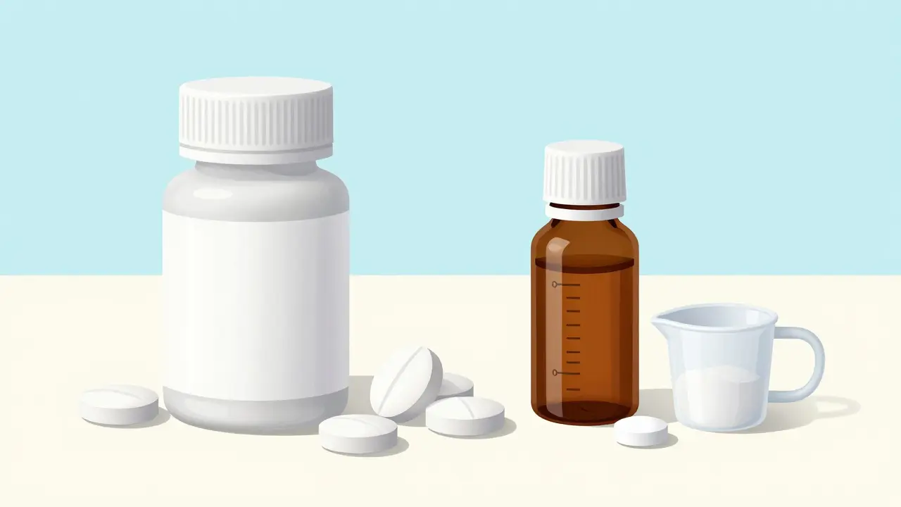 Different forms of medication including tablets and a liquid solution