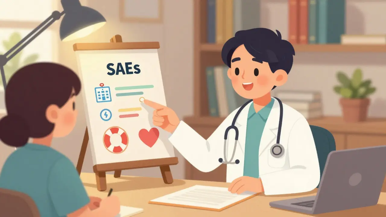 Doctor explaining FDA serious adverse event criteria to a patient in a cozy office