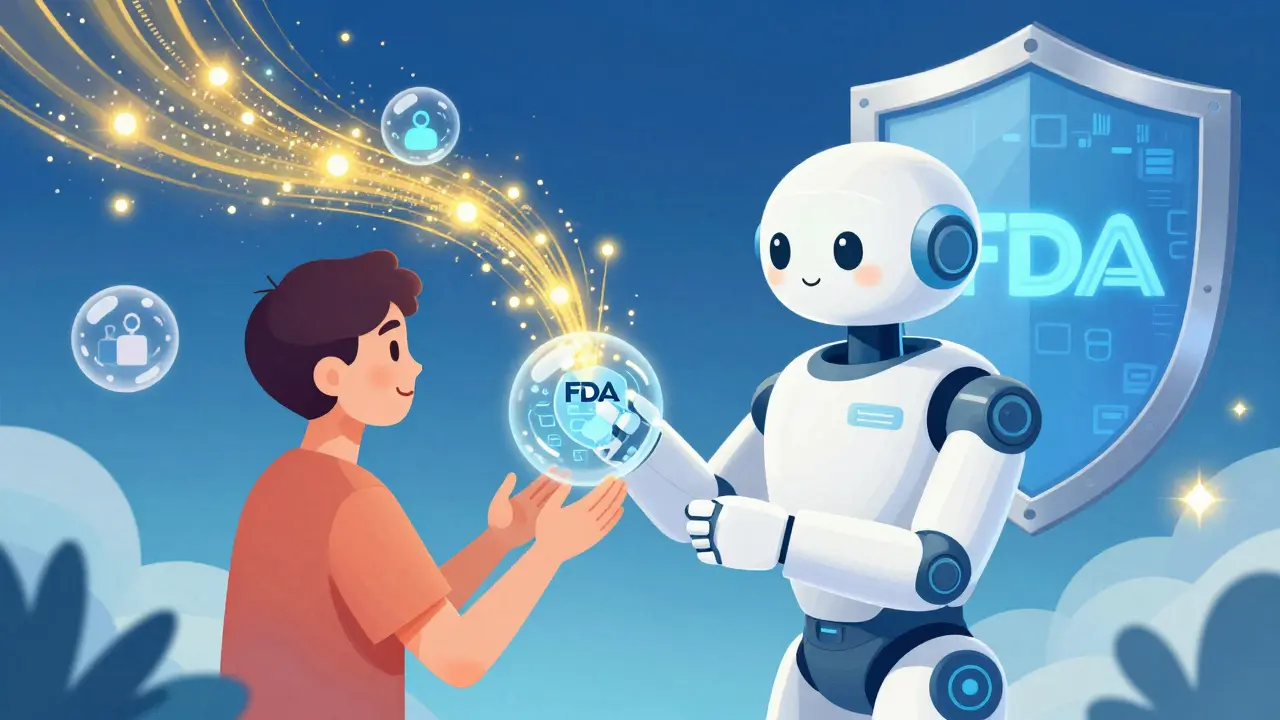 Friendly AI robot assisting a patient with health data for safety monitoring