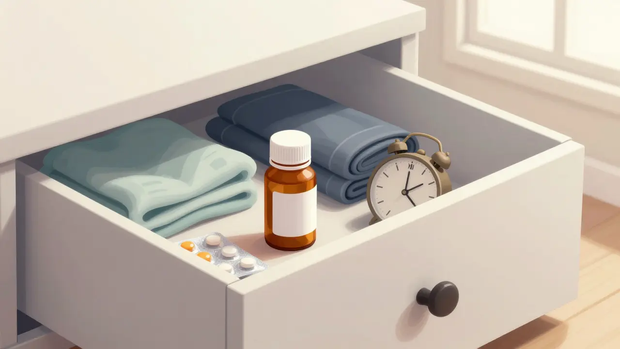 Medication bottle stored safely inside a clean bedroom drawer