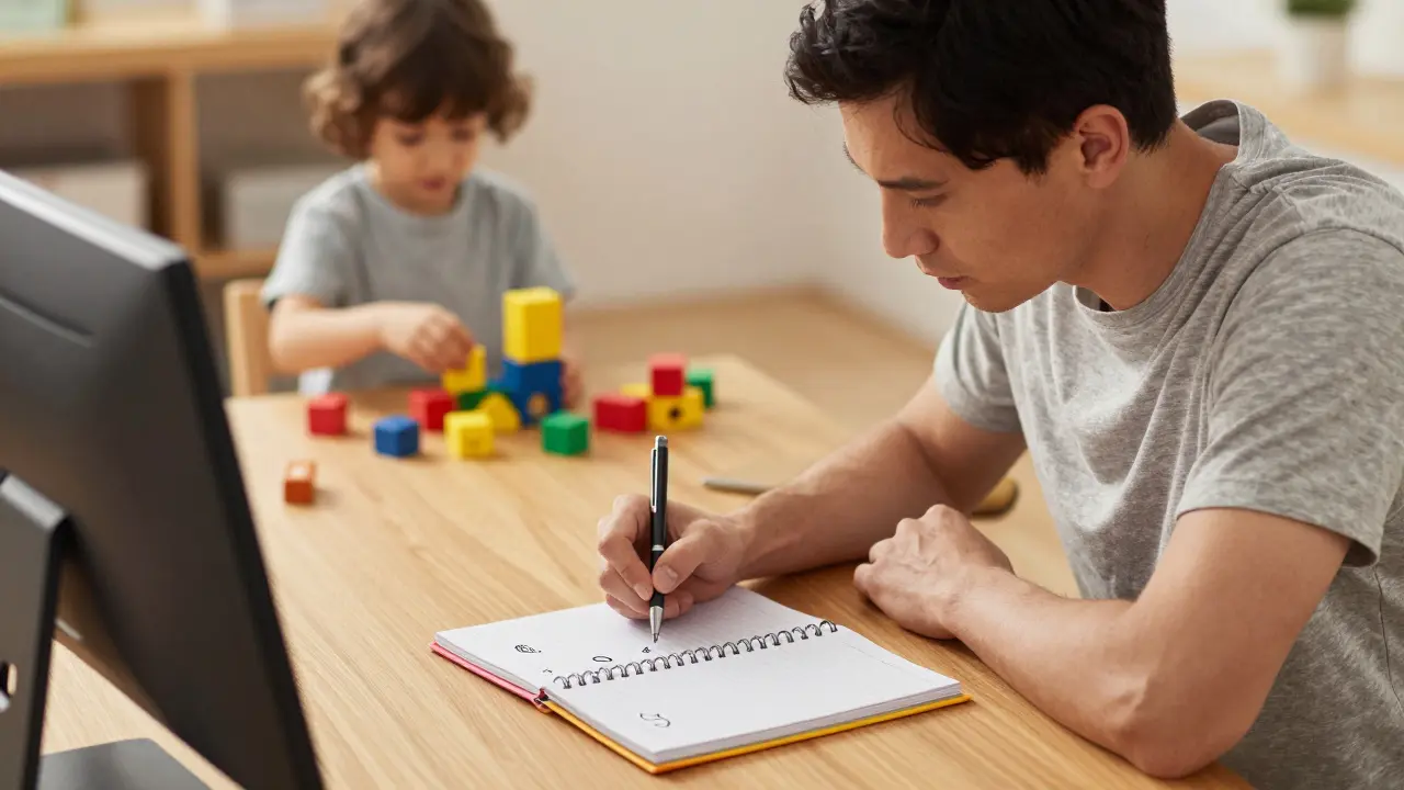 Parent writing in a symptom log while observing their child playing