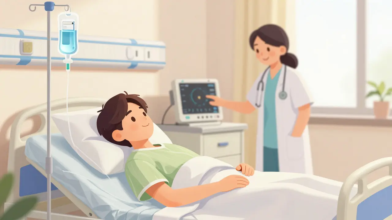 Patient in a hospital bed receiving IV fluids for DKA recovery