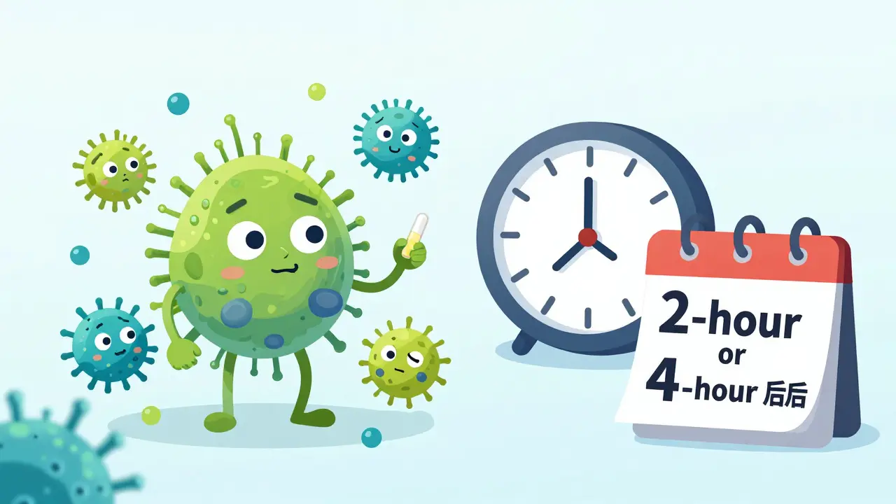 Whimsical bacteria with armor next to a clock showing medication timing rules