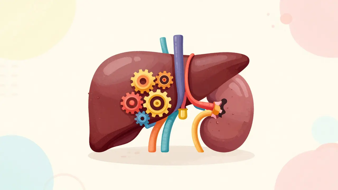 Whimsical illustration of a child's liver and kidneys as small colorful factories