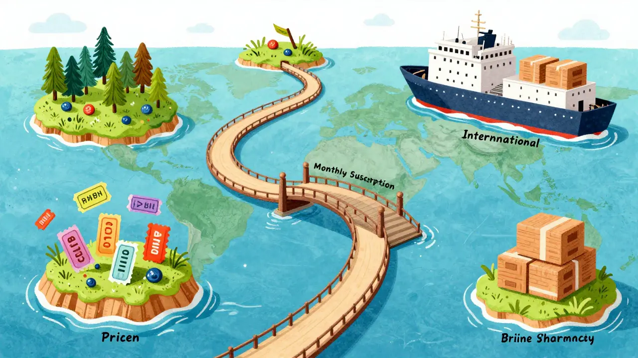 Whimsical map showing different ways to buy affordable medicine online