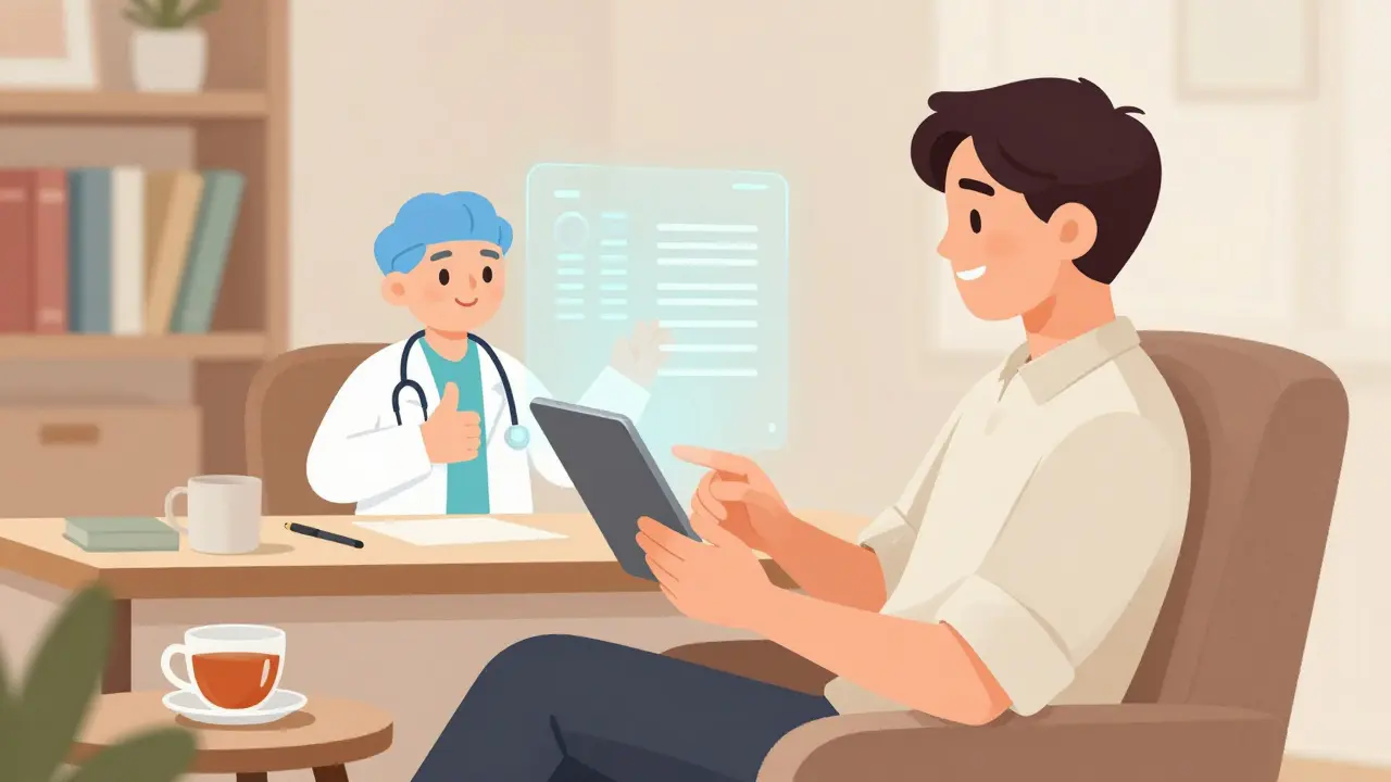 Cartoon of a man having a virtual doctor consultation on a tablet
