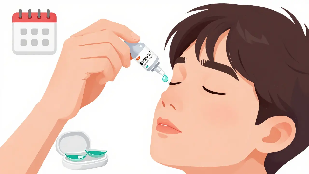 Character applying eye drops correctly with contacts removed nearby.