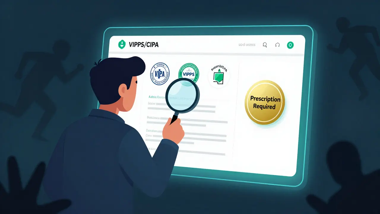 Detective inspecting verified online pharmacy seals for safety