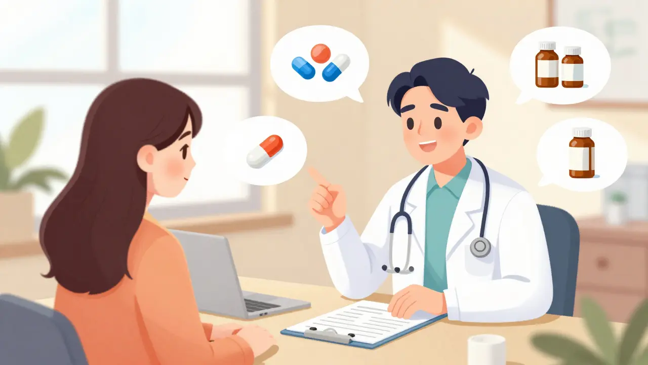 Doctor advising patient on safe medication alternatives in a bright clinic.
