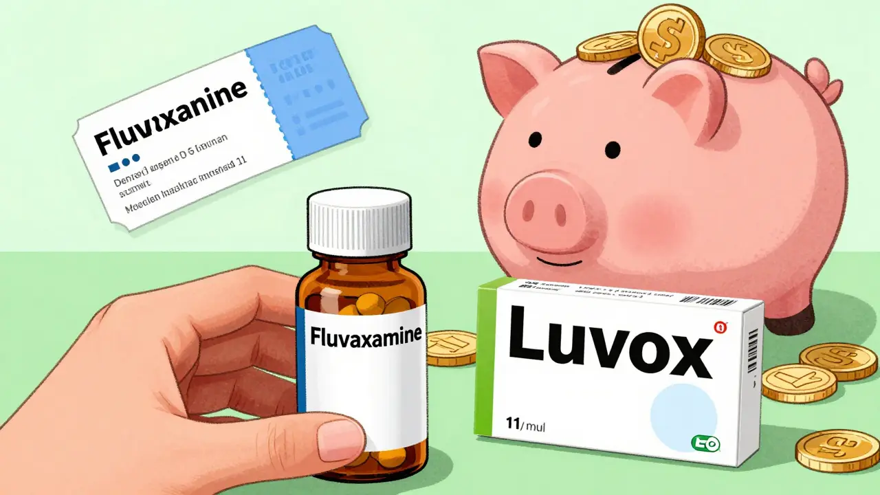 Generic pills and coupons saving money compared to expensive brand name drugs.