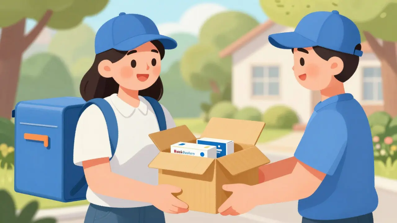 Happy patient receiving a medication package at their doorstep