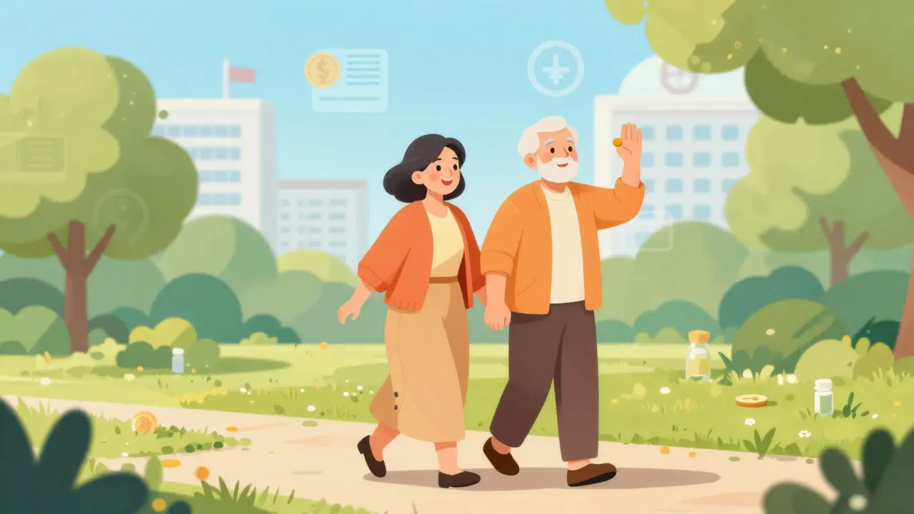 Happy seniors walking in a park, symbolizing health and savings from generics