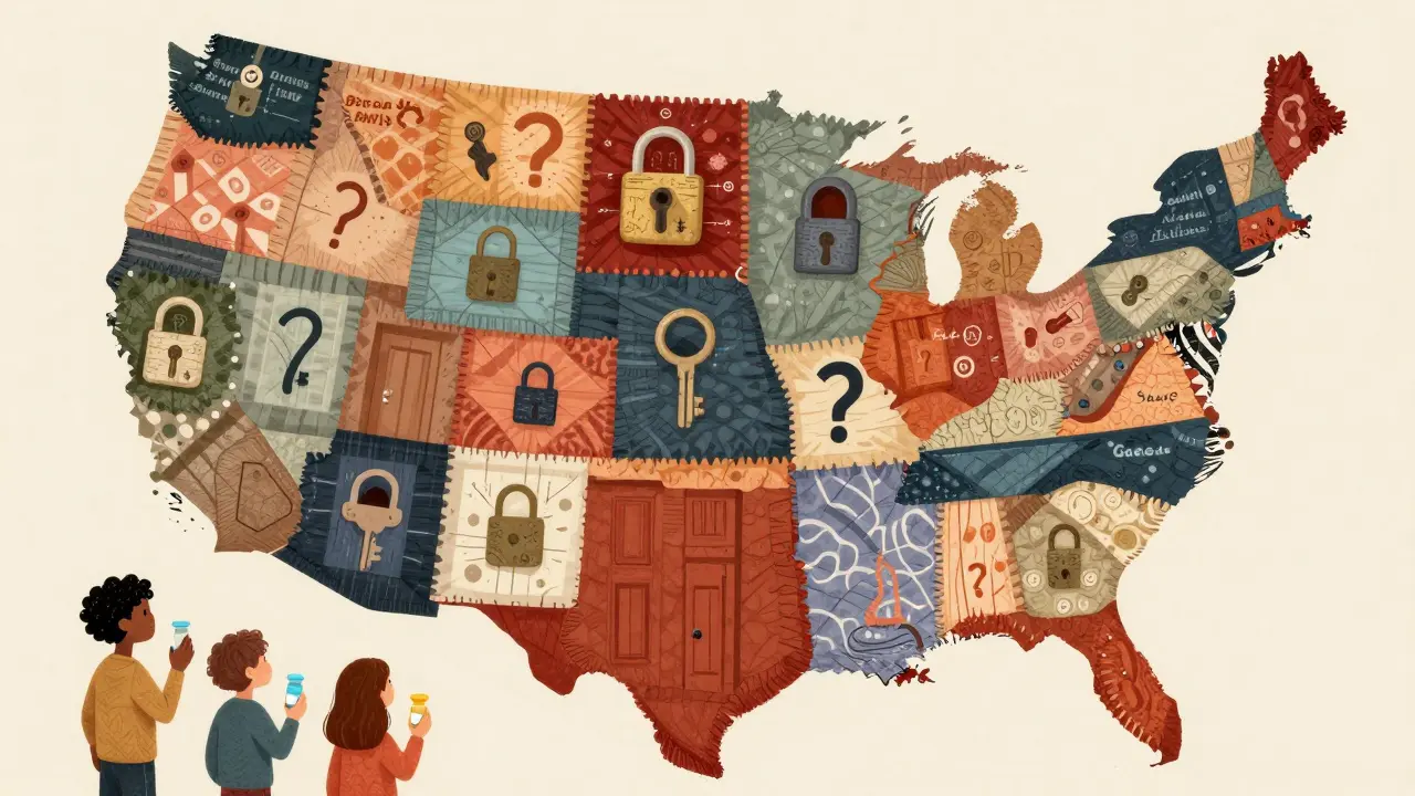 Illustrated US map as patchwork quilt showing varied drug laws