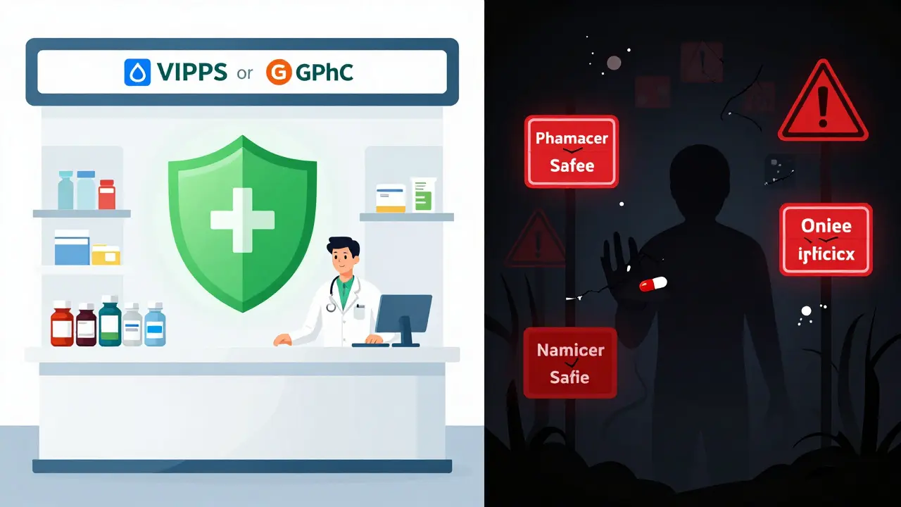 Illustration comparing a safe verified pharmacy with a dark scam website.