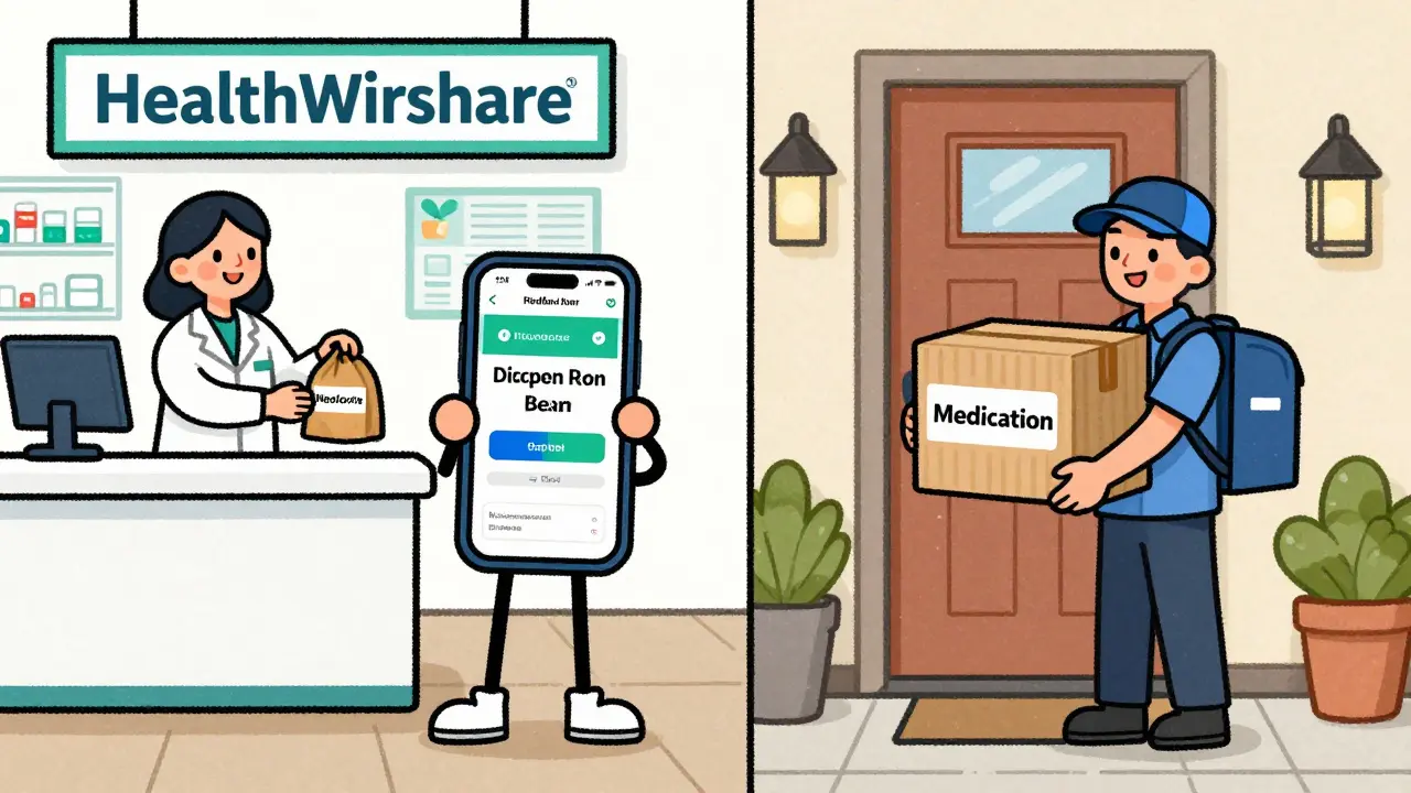 Illustration comparing local pharmacy pickup with home delivery options