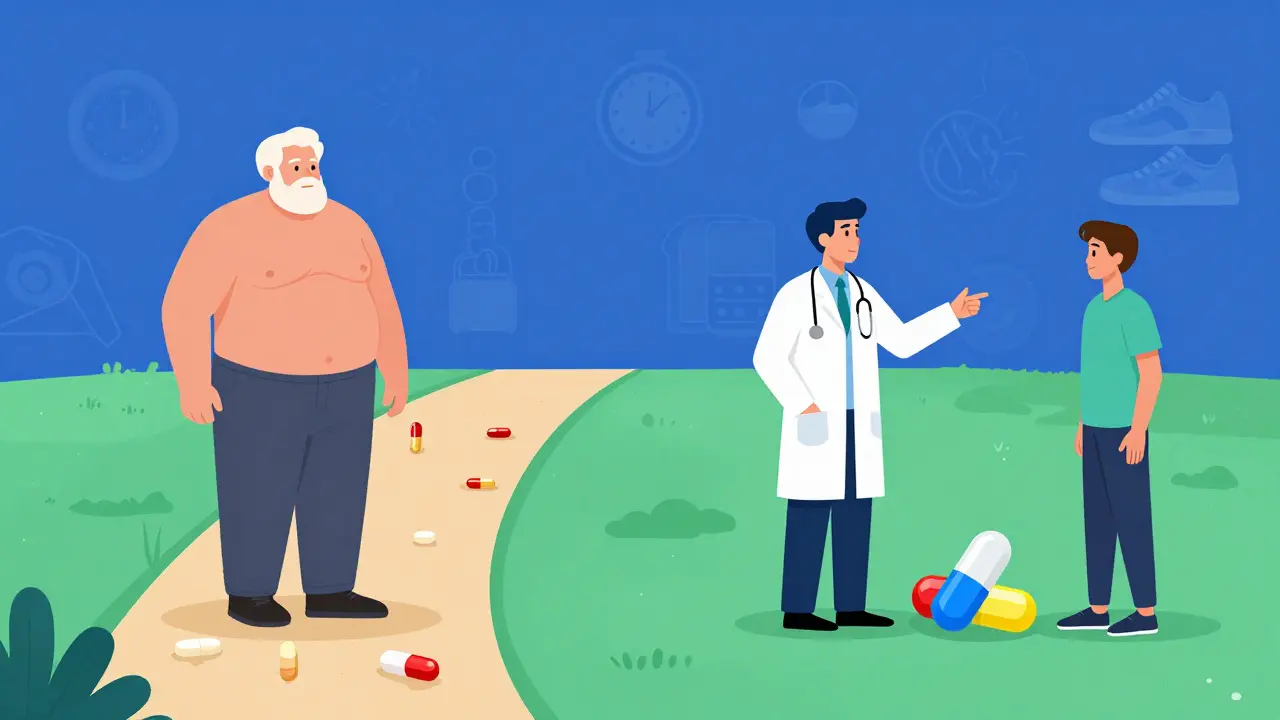 Illustration comparing old vs new diabetes drugs and lifestyle tips.