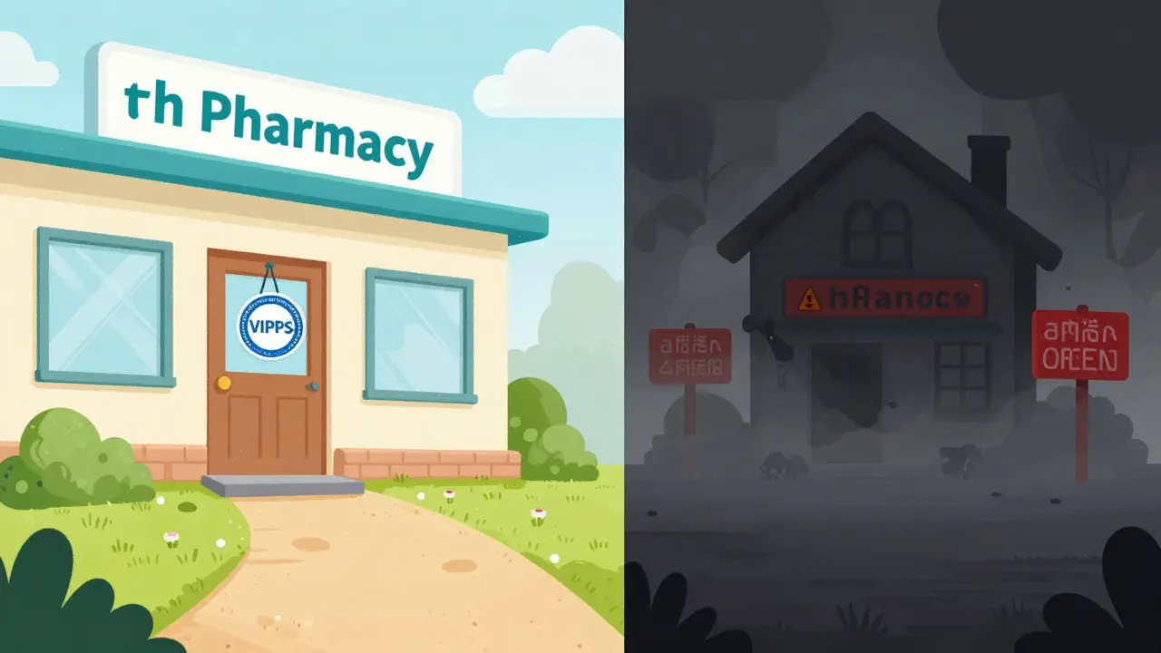 Illustration contrasting a safe verified pharmacy with a dangerous fake website.