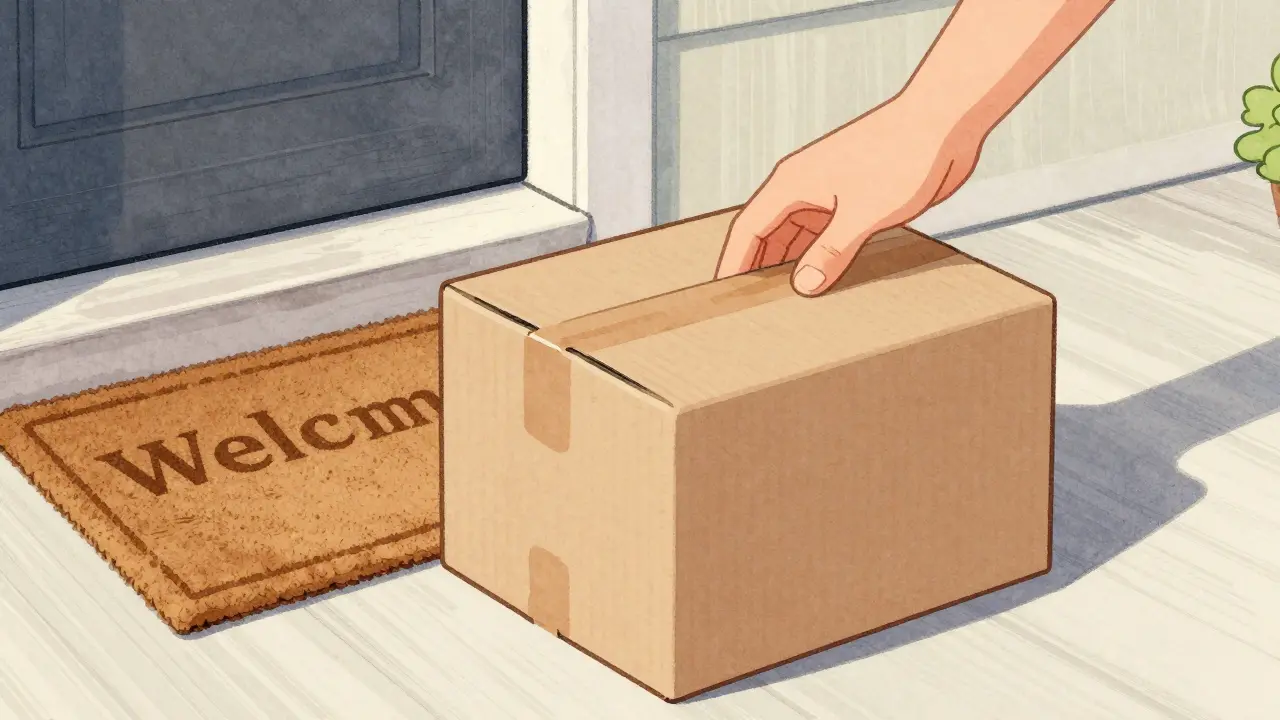 Illustration of a discreet, plain package delivered to a front door