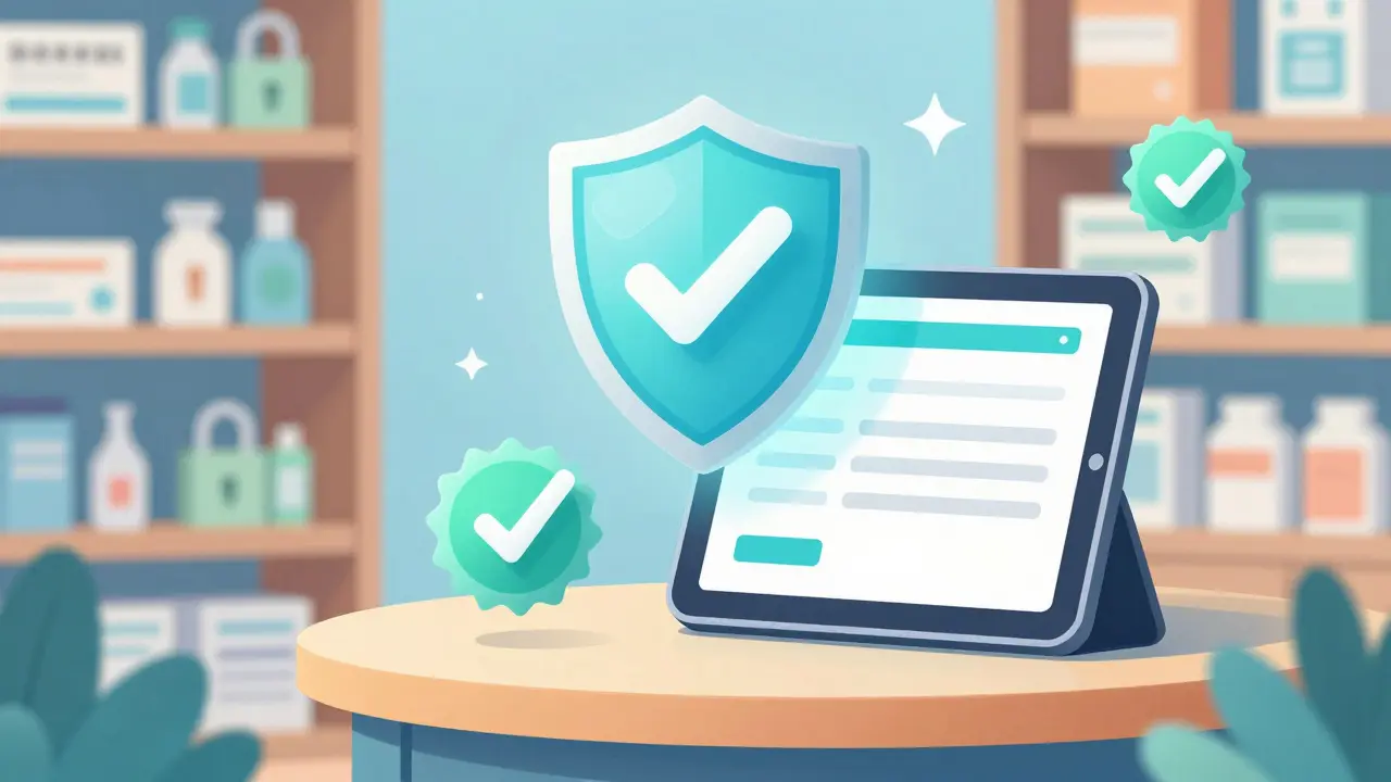 Illustration of a secure online pharmacy with safety shields and checkmarks