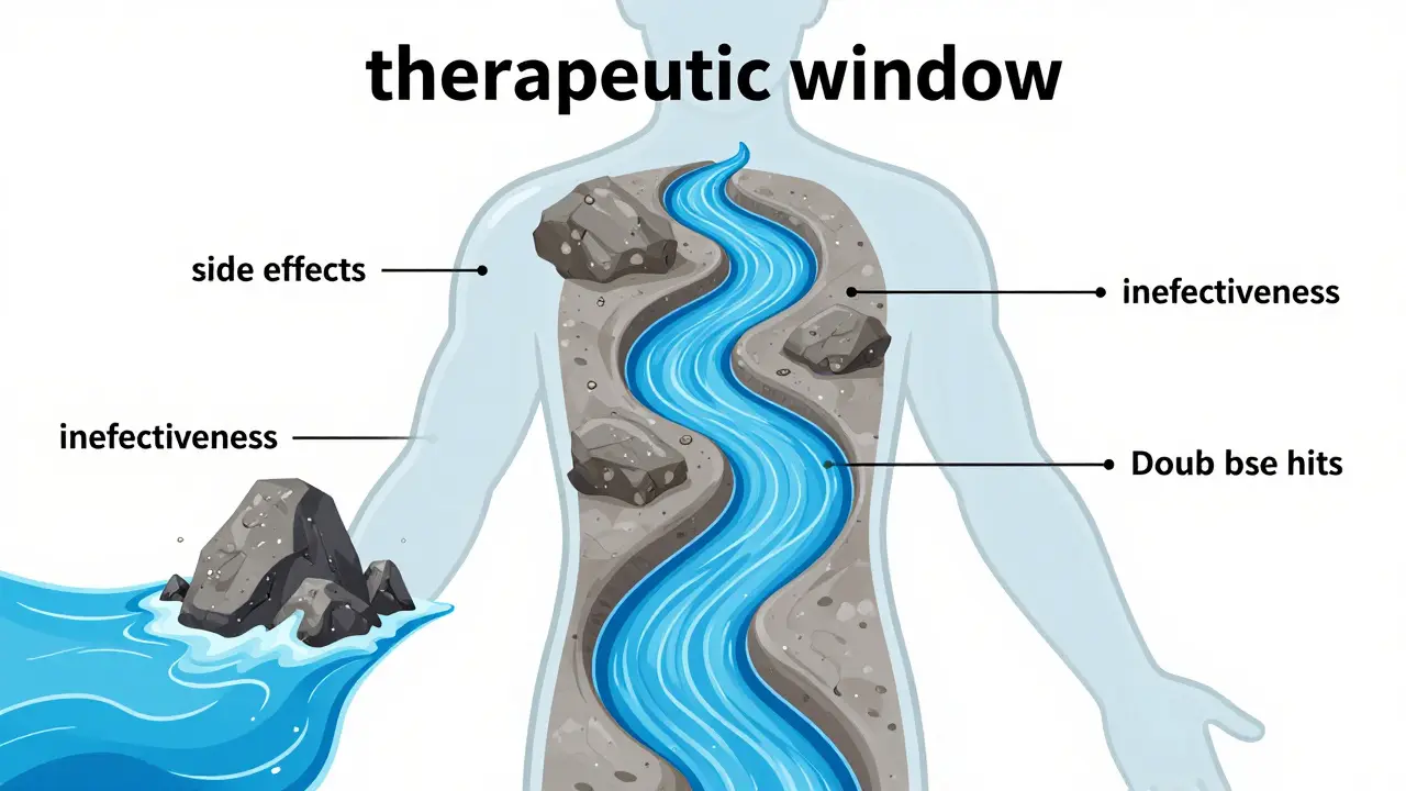 Illustration of drug levels in blood dropping below safe therapeutic range