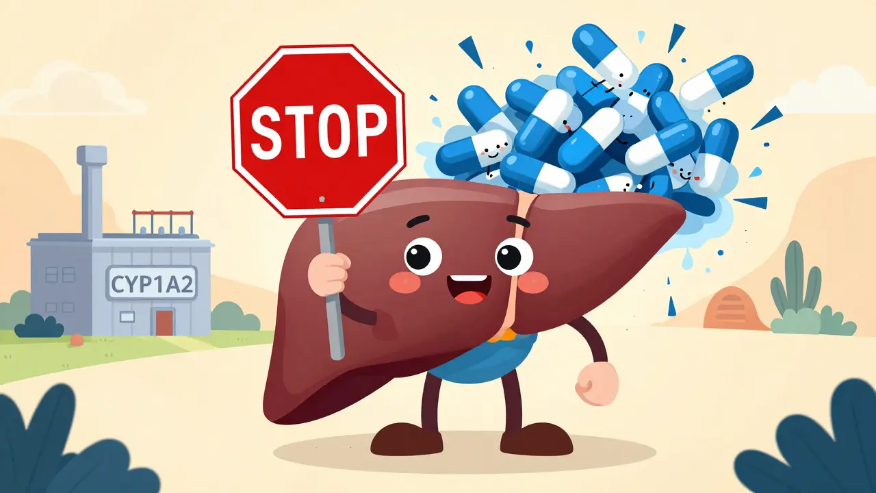 Illustration of liver enzyme blocked by antibiotic causing drug buildup.