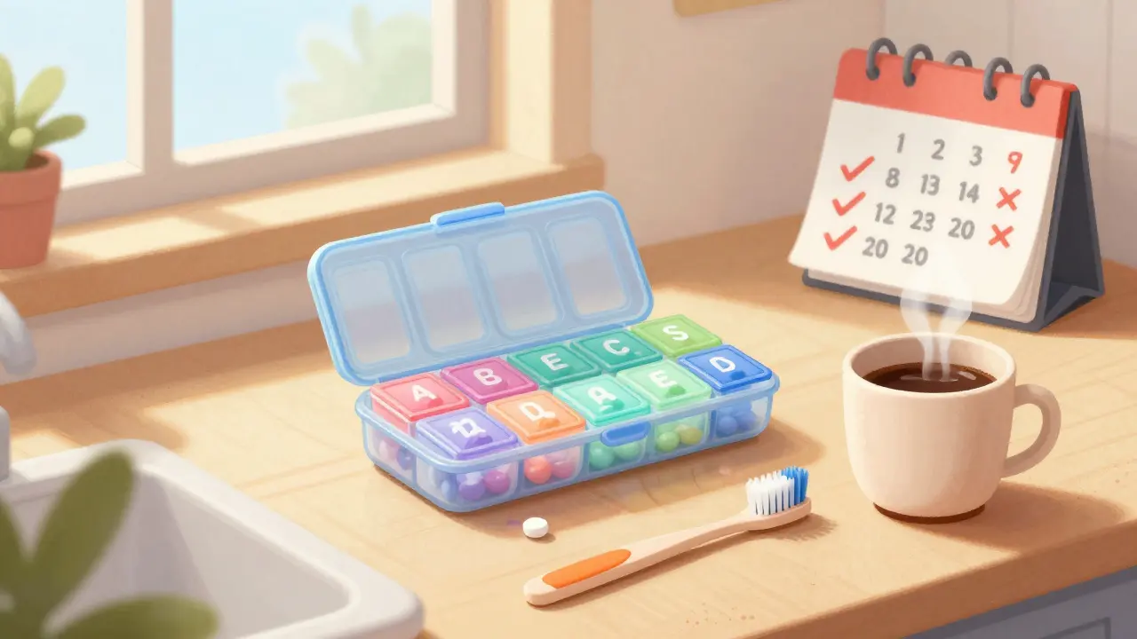 Organized pill box, coffee, and calendar showing healthy medication habits