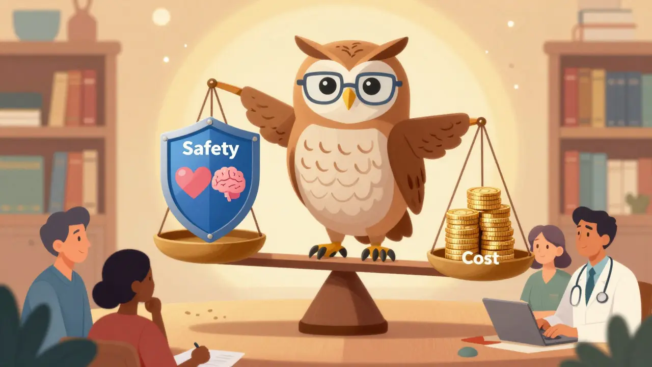Owl holding scale balancing patient safety against healthcare costs