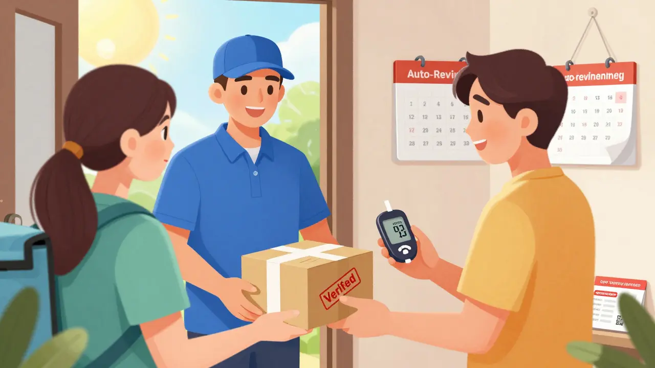 Patient receiving a verified medication package from a delivery courier.