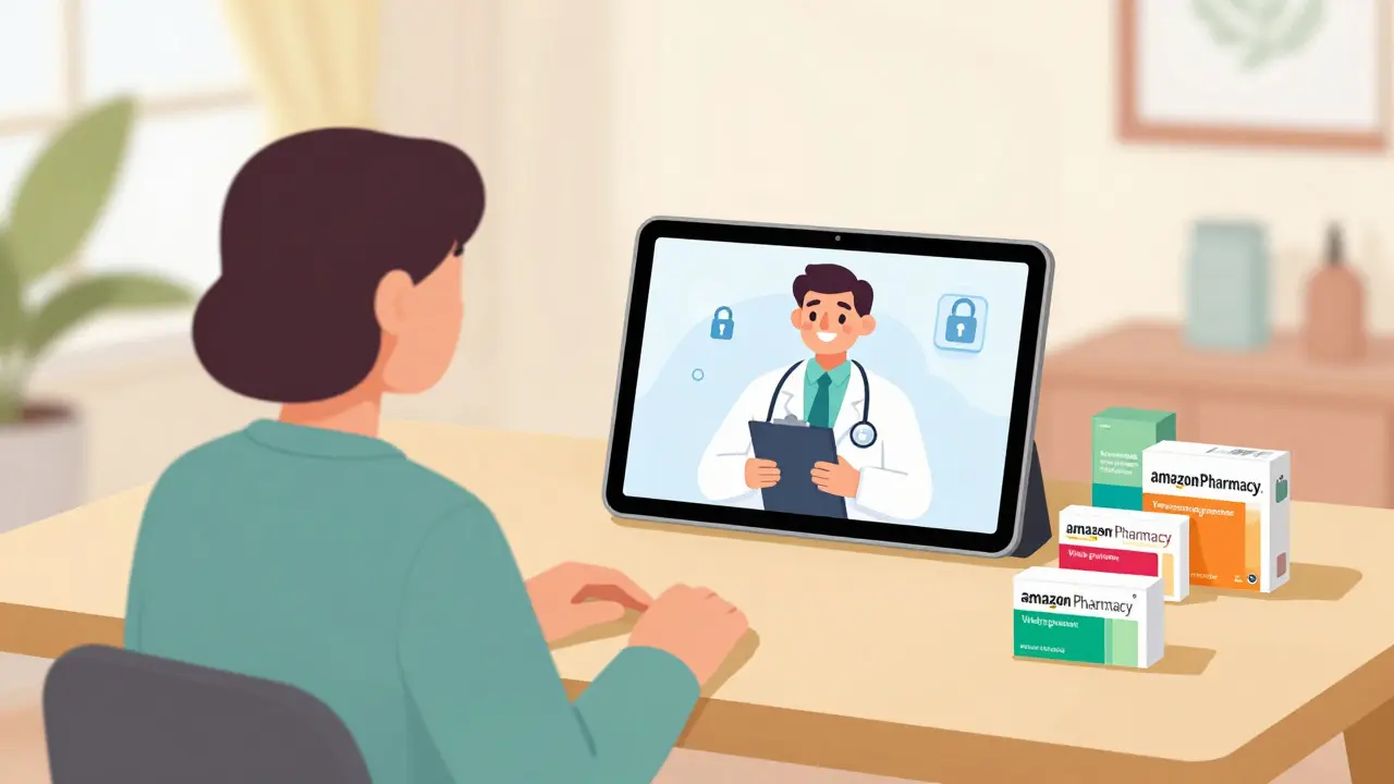 Person using telehealth on a tablet with pharmacy packages nearby.